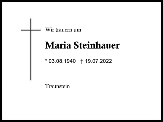 Traueranzeige von Maria Steinhauer von Region Chiemgau