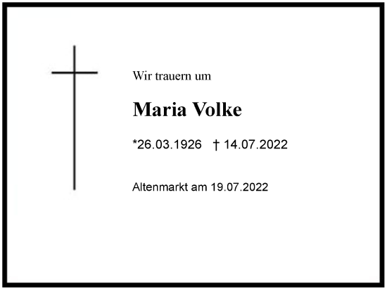 Traueranzeige von Maria Volke von Region Chiemgau