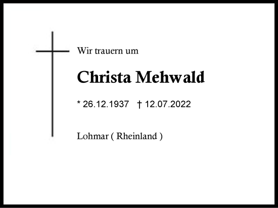 Traueranzeige von Christa Mehwald von Region Chiemgau