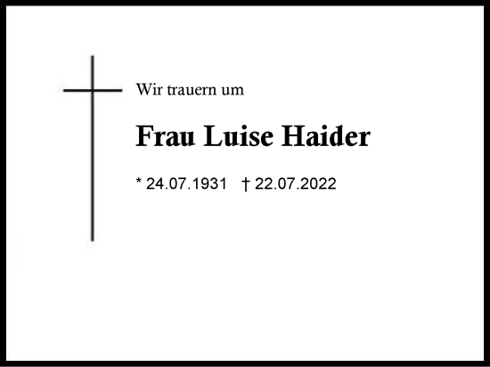 Traueranzeige von Luise Haider von Region Berchtesgadener Land