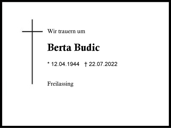Traueranzeige von Berta Budic von Region Berchtesgadener Land