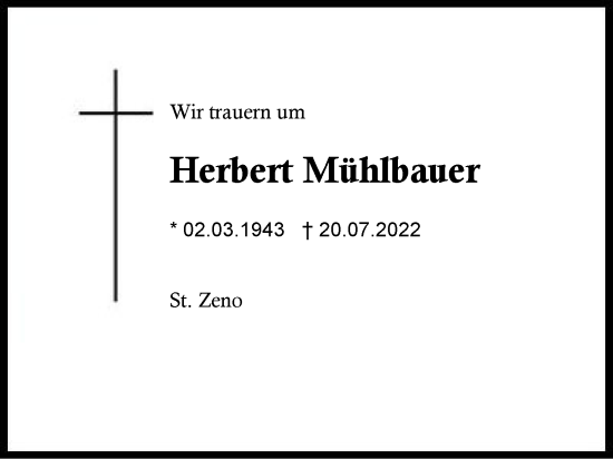 Traueranzeige von Herbert Mühlbauer von Region Berchtesgadener Land