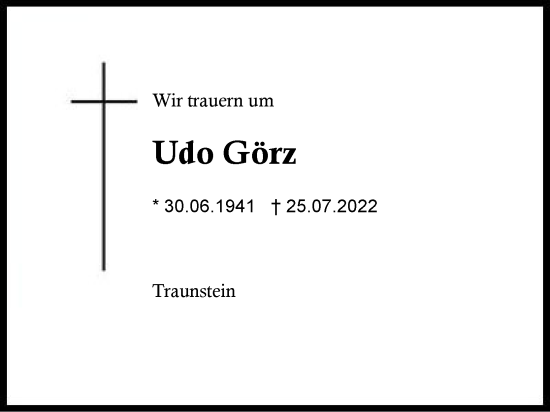 Traueranzeige von Udo Görz von Region Chiemgau