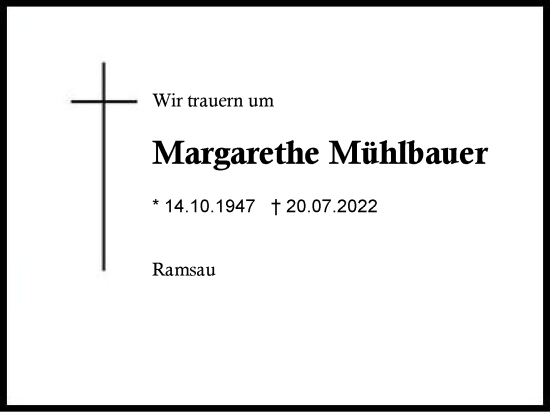 Traueranzeige von Margarethe Mühlbauer von Region Chiemgau