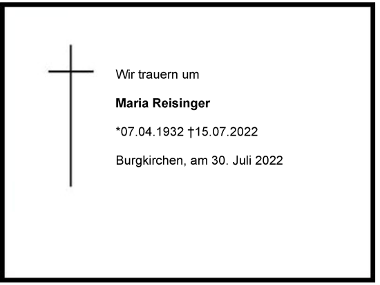 Traueranzeige von Maria Reisinger von Berchtesgadener Land