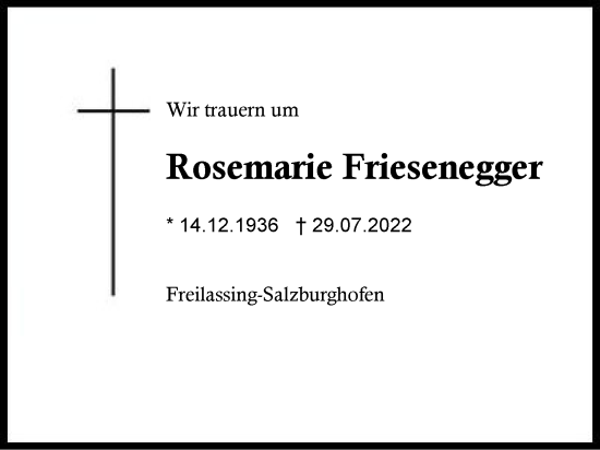 Traueranzeige von Rosemarie Friesenegger von Region Berchtesgadener Land