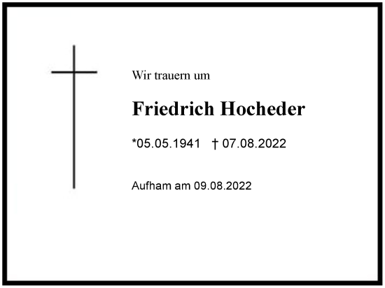 Traueranzeige von Friedrich Hocheder von Region Berchtesgadener Land