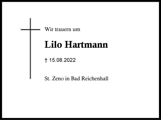 Traueranzeige von Lilo Hartmann von Region Berchtesgadener Land