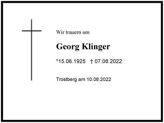 Traueranzeige von Georg Klinger 