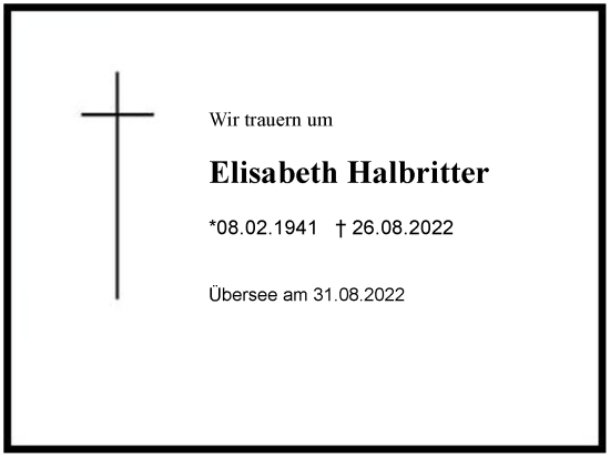 Traueranzeige von Elisabeth Halbritter von Region Chiemgau