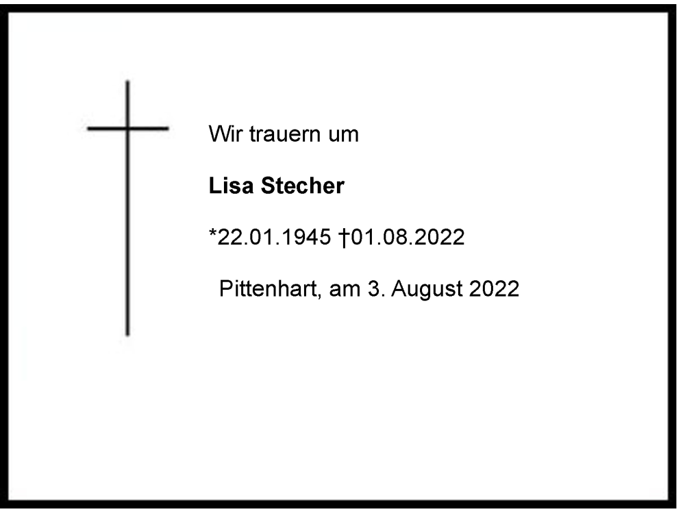  Traueranzeige für Lisa Stecher vom 03.08.2022 aus Region Chiemgau