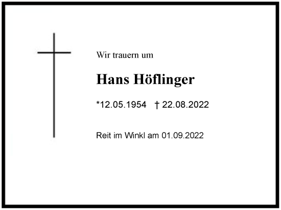 Traueranzeige von Hans Höflinger von Region Chiemgau