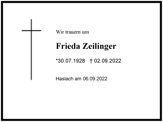 Traueranzeige von Frieda Zeilinger von Chiemgau