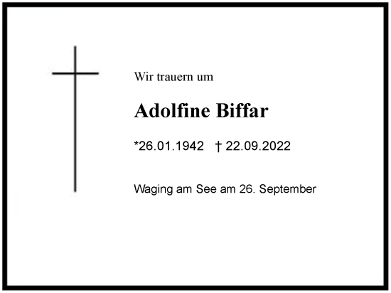 Traueranzeige von Adolfine Biffar von Region Chiemgau