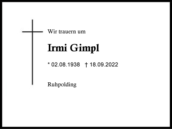 Traueranzeige von Irmi Gimpl von Region Chiemgau