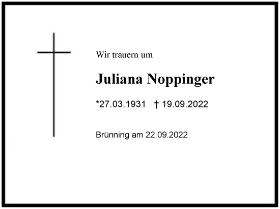 Traueranzeige von Juliana Noppinger von Region Chiemgau