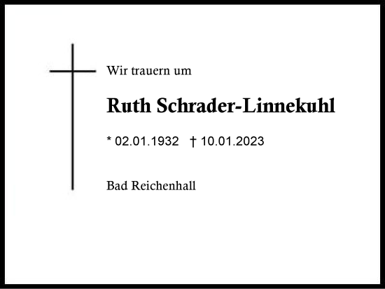 Traueranzeige von Ruth Schrader-Linnekuhl von Region Berchtesgadener Land