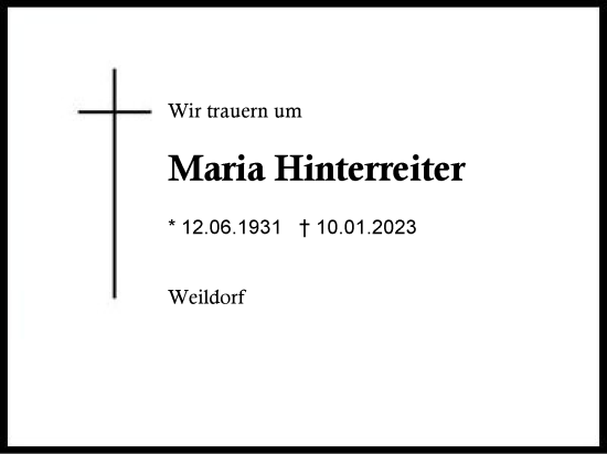 Traueranzeige von Maria Hinterreiter von Region Berchtesgadener Land