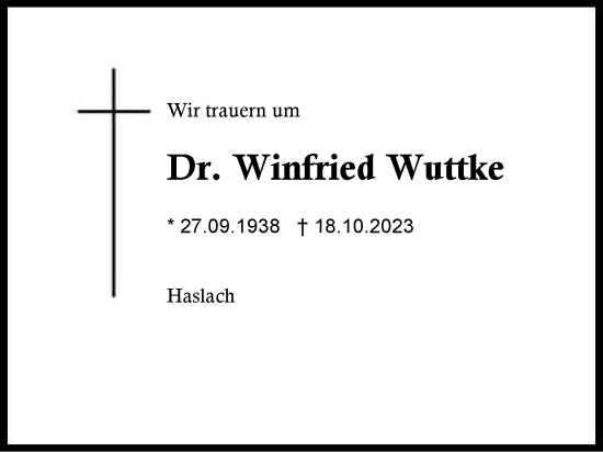 Traueranzeige von Winfried Wuttke von Region Chiemgau