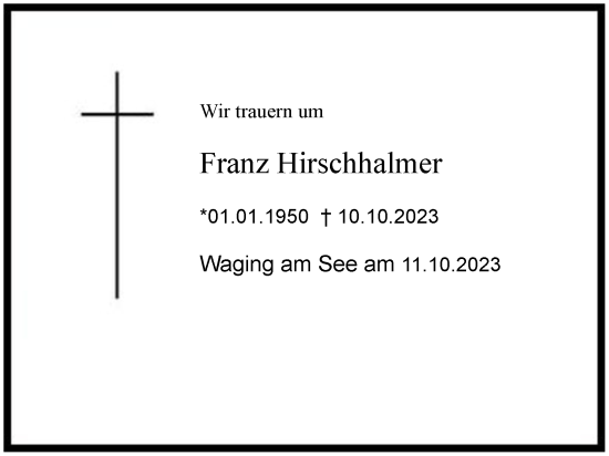 Traueranzeige von Franz Hirschhalmer 