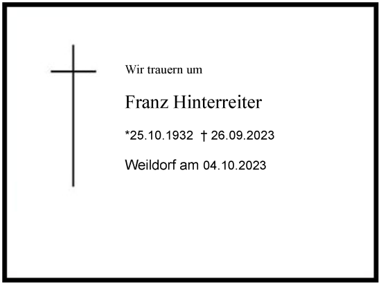 Traueranzeige von Franz Hinterreiter 