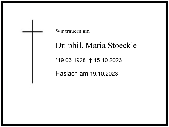 Traueranzeige von Dr. phil. Maria Stoeckle 