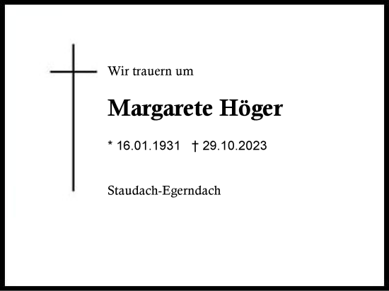 Traueranzeige von Margarete Höger von Region Chiemgau