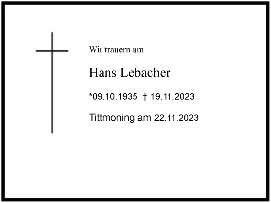 Traueranzeige von Hans Lebacher 