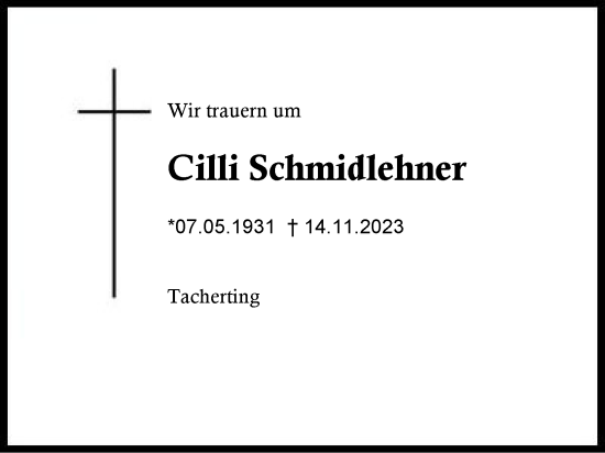 Traueranzeige von Cilli Schmidlehner von Traunstein