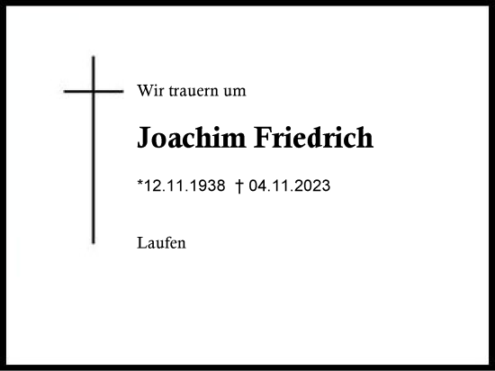 Traueranzeige von Joachim Friedrich von Traunstein