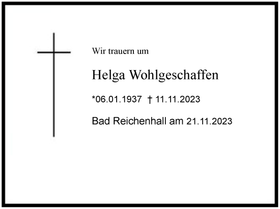 Traueranzeige von Helga Wohlgeschaffen 