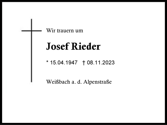 Traueranzeige von Josef Rieder von Region Berchtesgadener Land