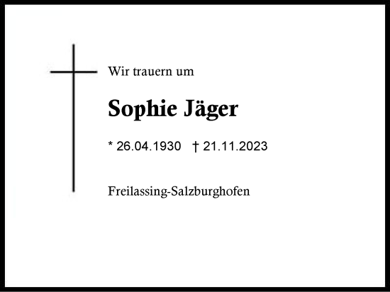 Traueranzeige von Sophie Jäger von Region Berchtesgadener Land