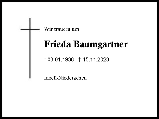 Traueranzeige von Frieda Baumgartner von Region Chiemgau