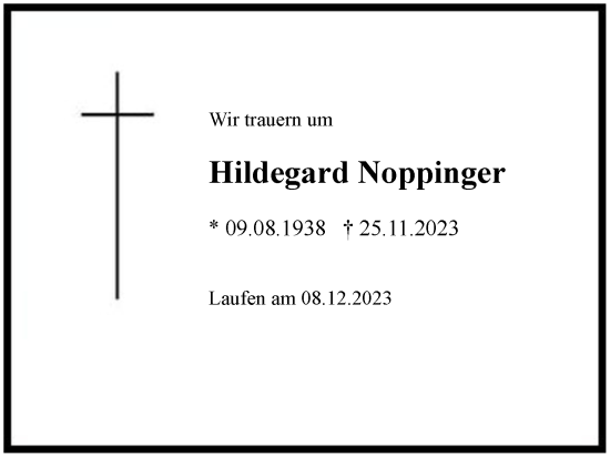 Traueranzeige von Hildegard Noppinger von Region Berchtesgadener Land