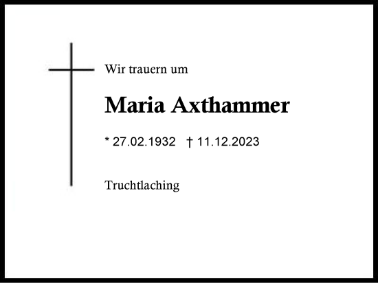 Traueranzeige von Maria Axthammer von Region Chiemgau