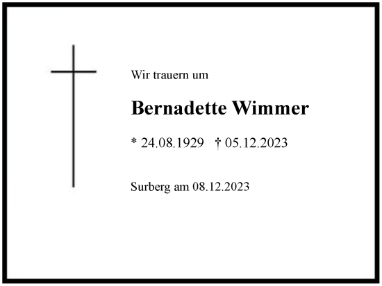 Traueranzeige von Bernadette Wimmer von Region Chiemgau