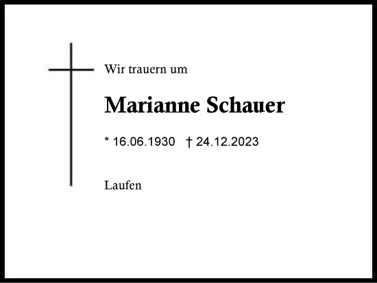 Traueranzeige von Marianne Schauer von Traunstein