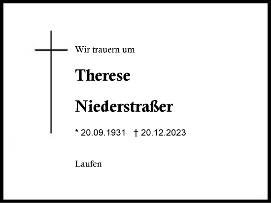 Traueranzeige von Therese Niederstraßer von Traunstein