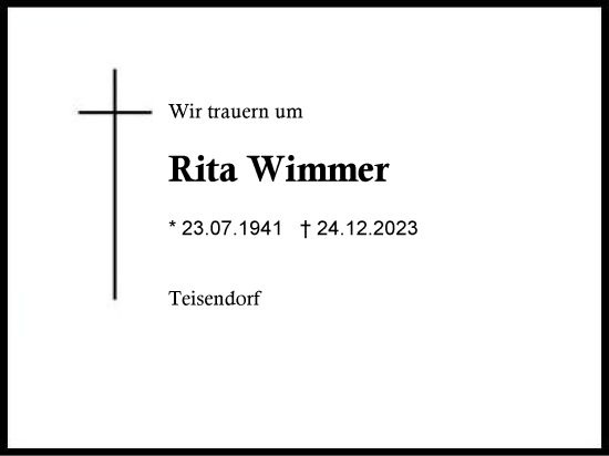 Traueranzeige von Rita Wimmer von Region Chiemgau