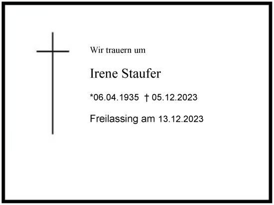 Traueranzeige von Irene Staufer 