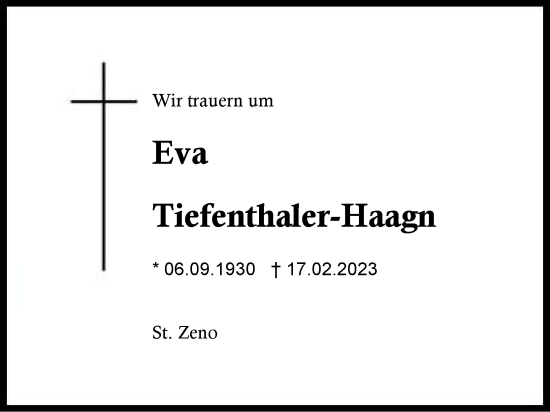 Traueranzeige von Eva Tiefenthaler-Haagn von Region Berchtesgadener Land