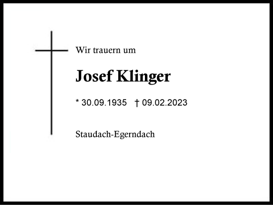 Traueranzeige von Josef Klinger von Region Chiemgau