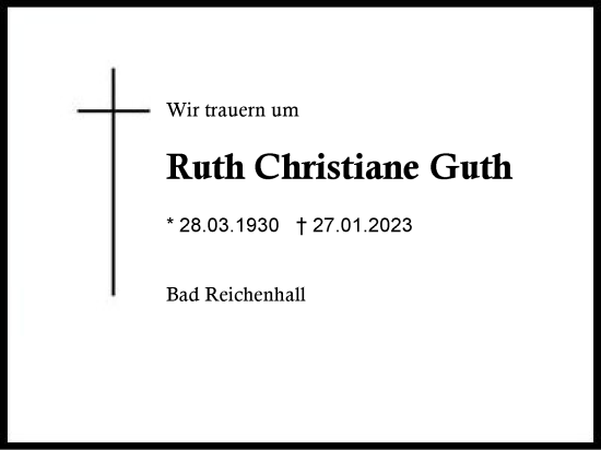 Traueranzeige von Ruth Christiane Guth von Region Chiemgau