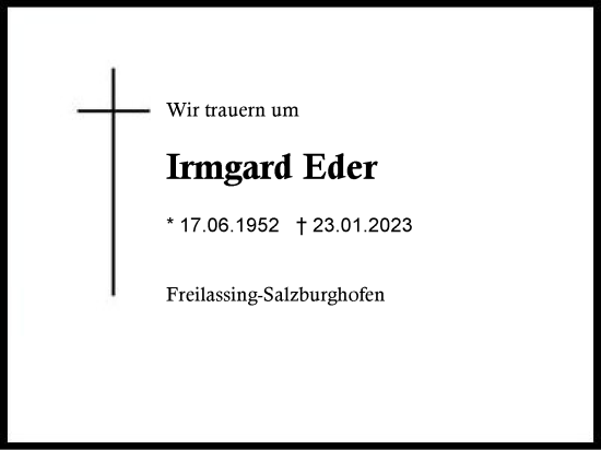 Traueranzeige von Irmgard Eder von Region Berchtesgadener Land