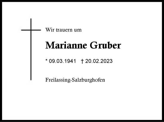 Traueranzeige von Marianne Gruber von Traunstein