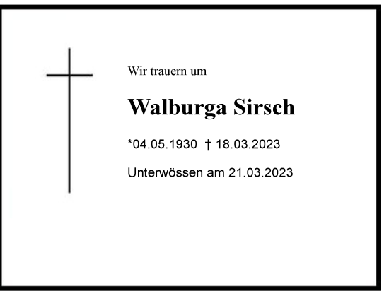 Traueranzeige von Walburga Sirsch von Region Chiemgau