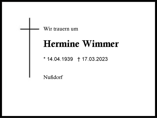 Traueranzeige von Hermine Wimmer von Region Chiemgau