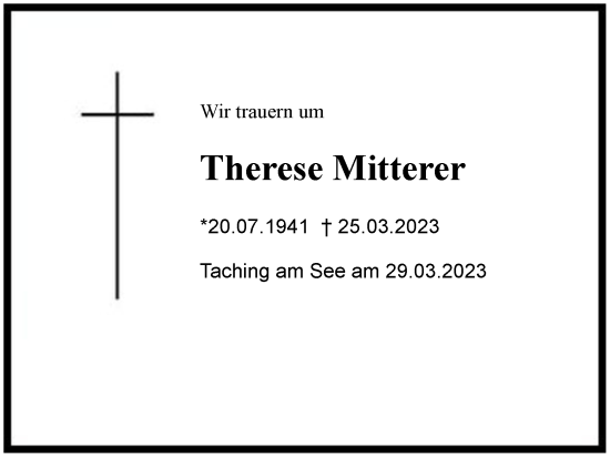 Traueranzeige von Therese Mitterer von Region Chiemgau