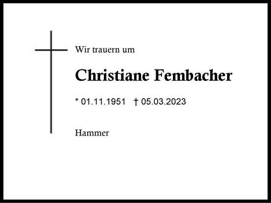 Traueranzeige von Christiane Fembacher von Region Chiemgau